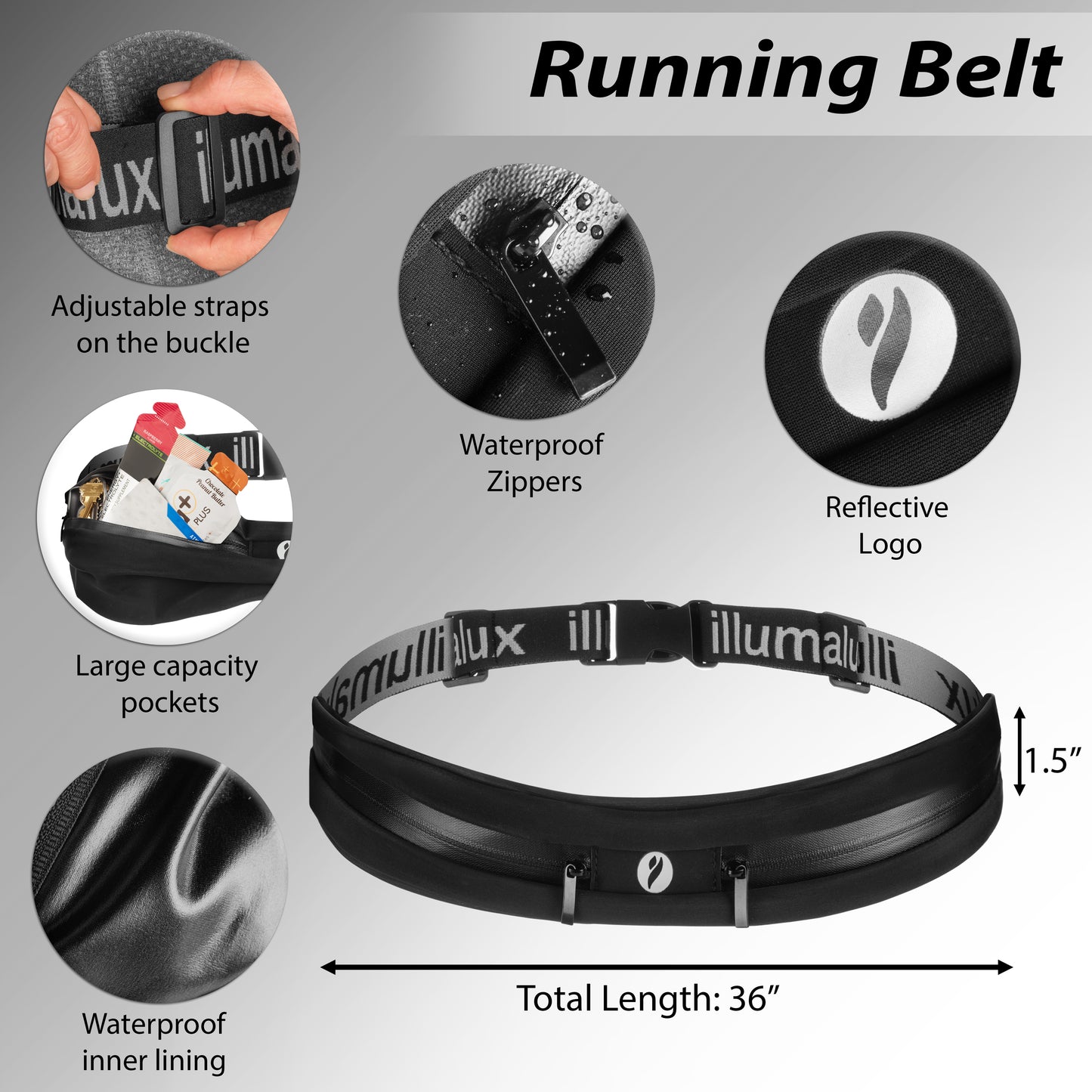 Illumalux Premium Dual-Pocket Running Belt - Fits Phones, Keys, Essentials.